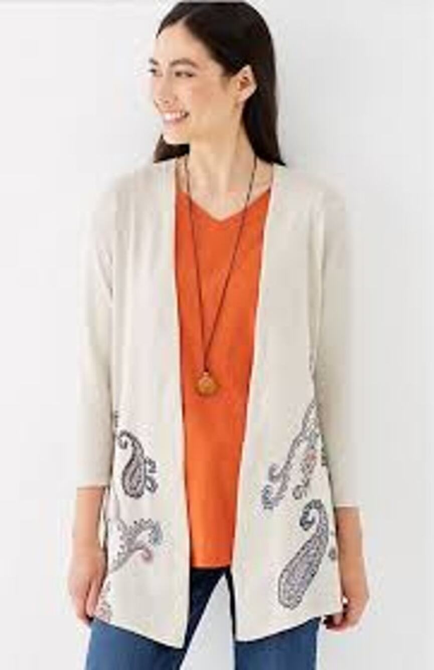 [J. Jill] Oatmeal Heathered Tan Paisley Print Open Front Cardigan Sweater Sz 2X